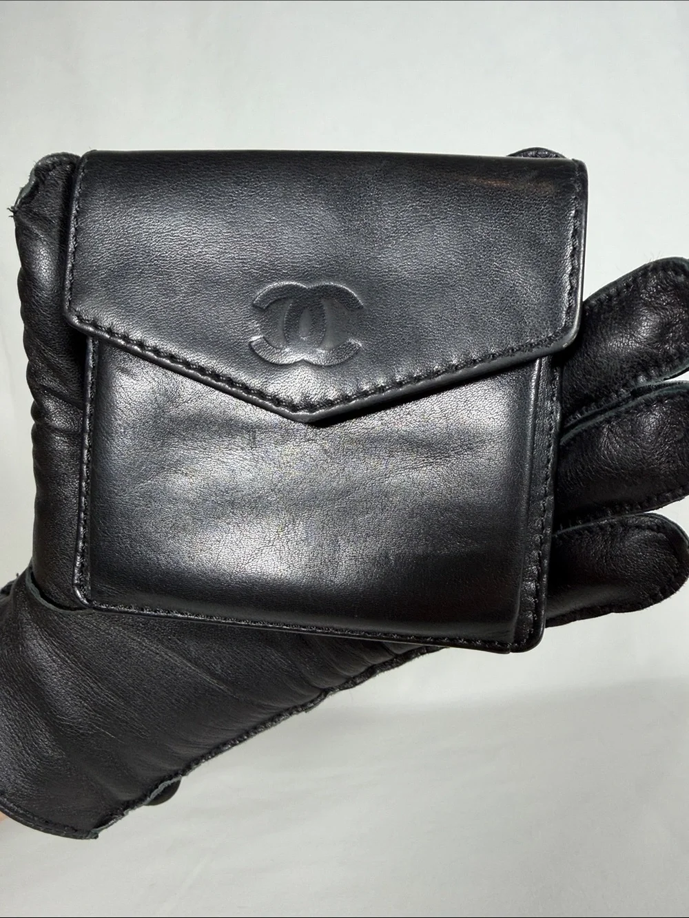 Vintage CHANEL Black Leather CC Embossed Compact Card Holder
